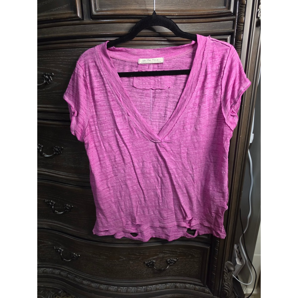 We The Free Free People Pink Slub Knit Deep V-Neck Distressed T-Shirt Womens